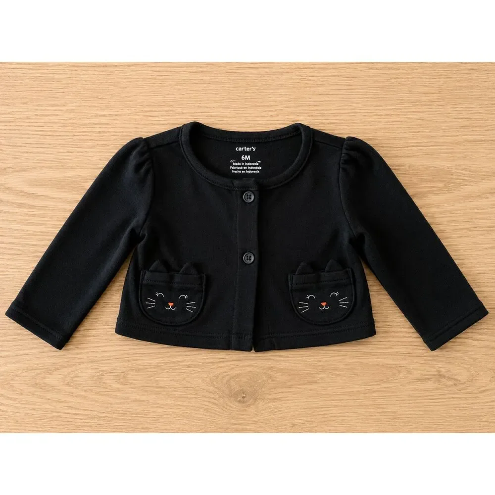 Carter's Black Cat Pocket Cardigan 6 Months EUC